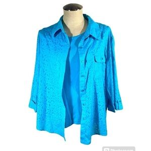 Southern Lady Blouse Teal Sheer Floral 3/4 Sleeve Button Up w/ teal tank top 14